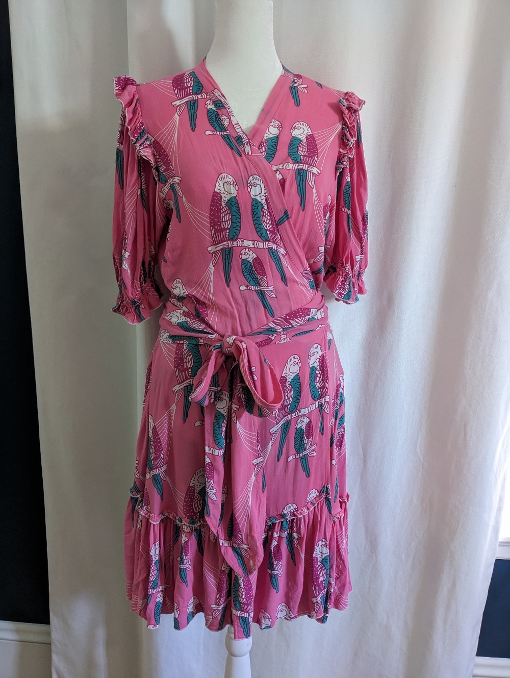 Feather & Find Boho Luxe Floral Tiered Wrap Mini Dress Pink Parrot Large